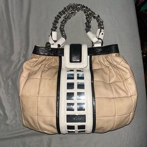 Chic Beige and Black Handbag with Chain Straps